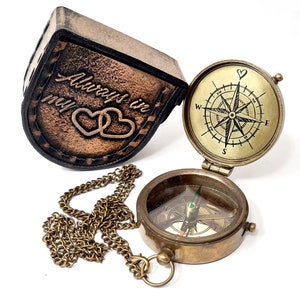 Personalized Brass Compass Gift for Husband: Engraved Antique Compass with Leather Case