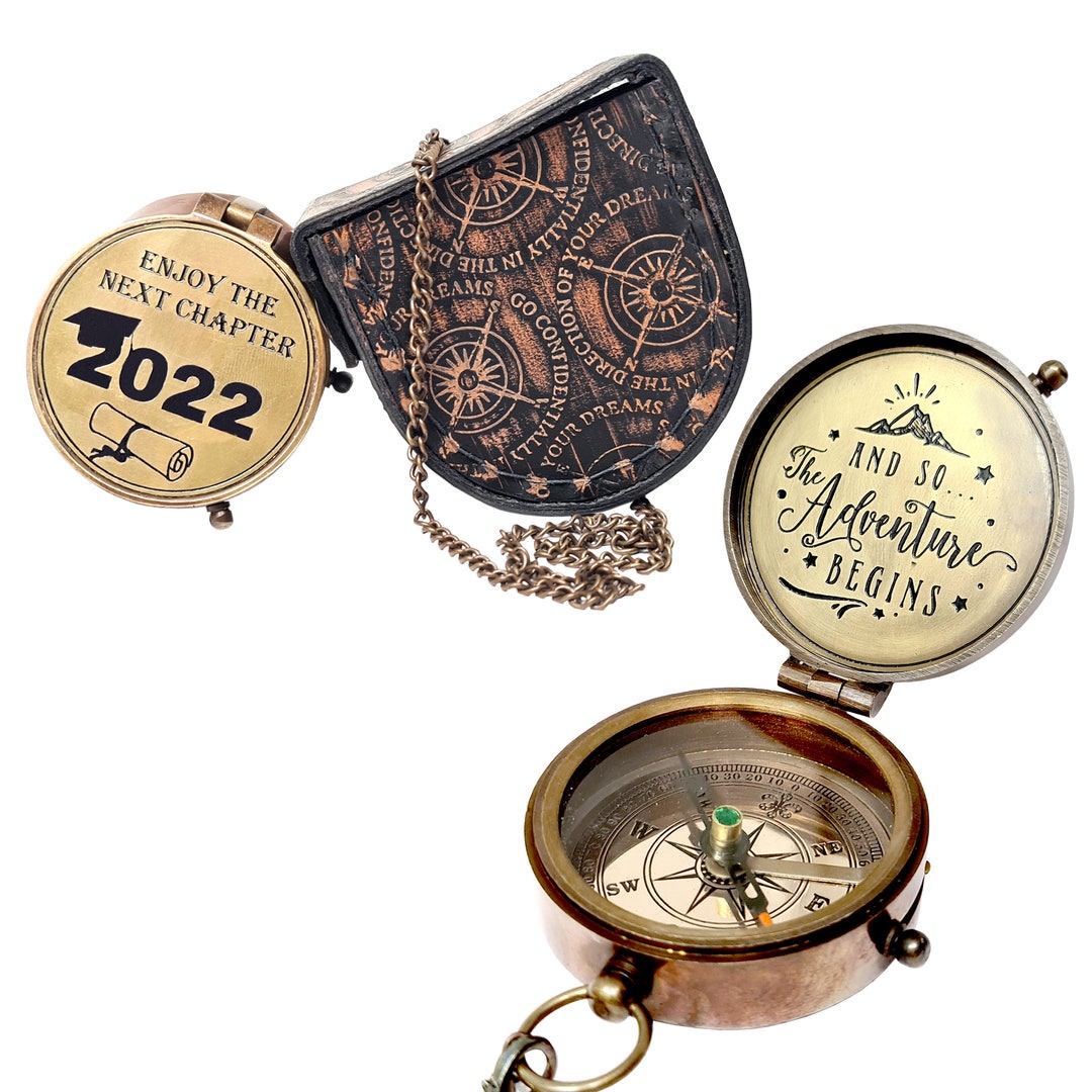Antique Brass Engraved Compass For Camping, Hiking