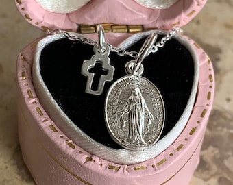 Sterling Silver Immaculate Medal Necklace. Teeny 925 Solid Sterling Silver Virgin Mary. Available as Necklace or Pendant.