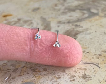 Sterling Silver 3 Stone Crystal nose Stud. Dainty 3 Stone crystal nose stud. Available in White or AB crystal. Minimalist and Super sparkly