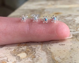 Tiny Sterling Silver Flower Studs. 925 Teeny Sterling Flower Studs, Available Clear or AB Crystal. Perfect Minimalist Studs.