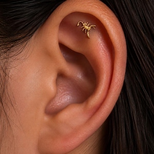 May include: A gold-toned scorpion-shaped earring stud positioned in the upper cartilage of an ear. The jewellery features a detailed, textured body with a curved tail and multiple legs, crafted in a metallic finish that catches the light.
