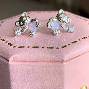 Tiny 925 Solid Sterling Silver Teddy Bear Studs. Solid Silver, Rose Water Opal Super Cute Teddy Earrings. A Must For Any Jewellery Box.
