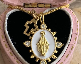 Gold Enamel Immaculate Medal Necklace. Beautiful 925 Solid Sterling and CZ Silver Virgin Mary. Minimalist Perfection.