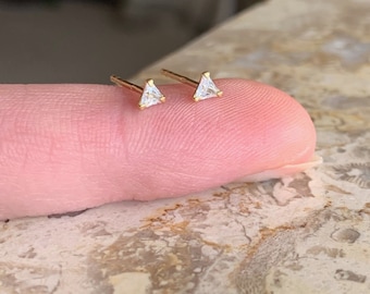 Tiny Gold 3mm Sterling Silver Trillion Studs. 925 Teeny Sterling Triangle Crystal Studs. Perfect Minimalist Solid Silver Dainty Earrings.