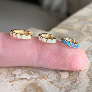 Teeny Solid Silver Opal Huggie Hoops. Beautiful Dainty Opal Hoop earrings. Available in Blue or White Opal. Minimalist Perfection.