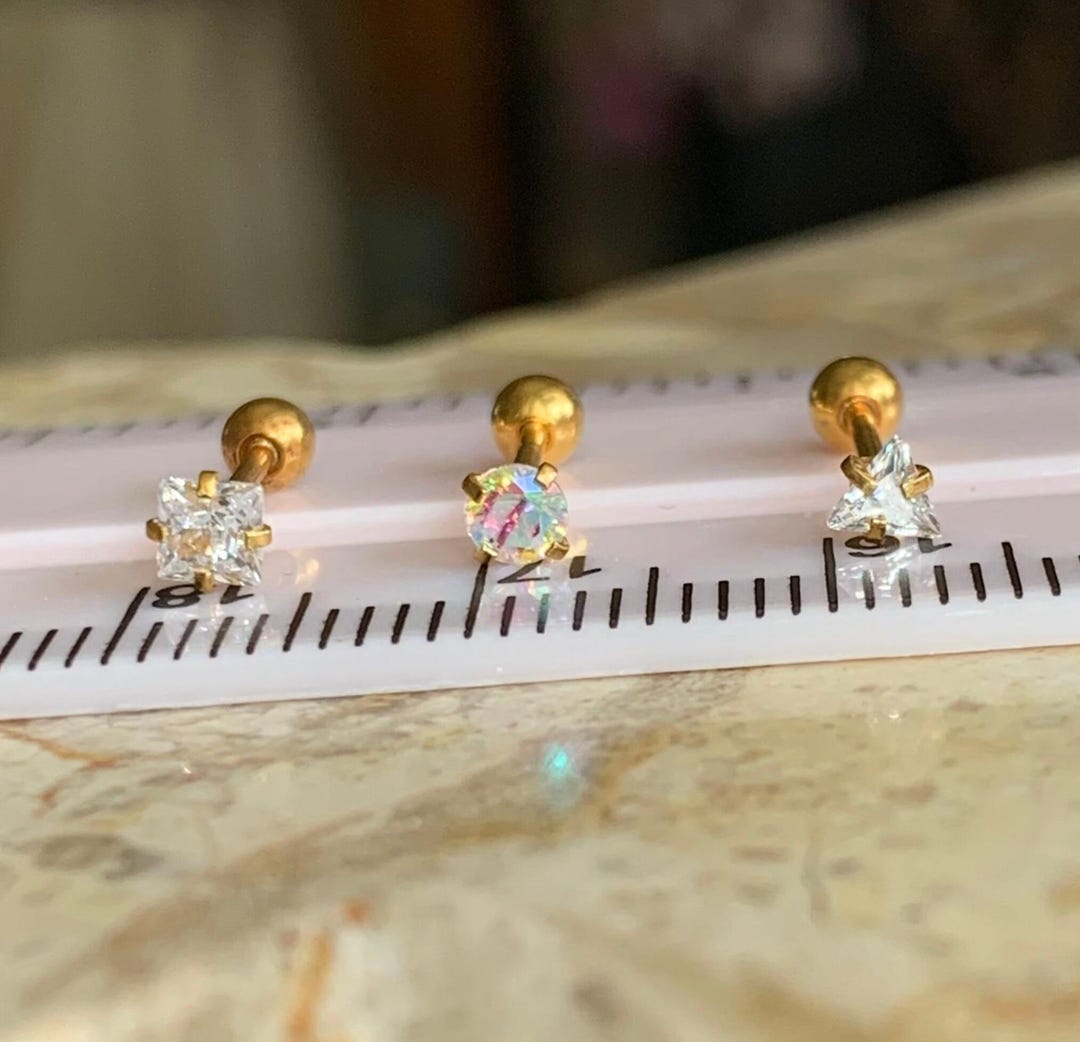 Tiny Gold CZ Stainless Steel Screw Back Stud. Gold Stainless Steel