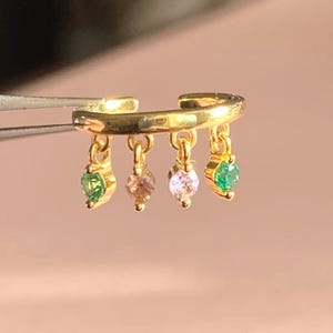 Dainty Gold Jewel Dangle Ear Cuff. 925 Sterling Silver.