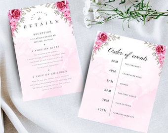 Pink Wedding Details and Order of Events Template, Pink Wedding Template, Aesthetic peony, Easy to customize with Templett || PEONY