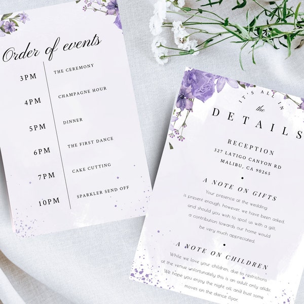 Purple Wedding Details and Order of Events Template, Purple Wedding Template, Easy to customize with Templett