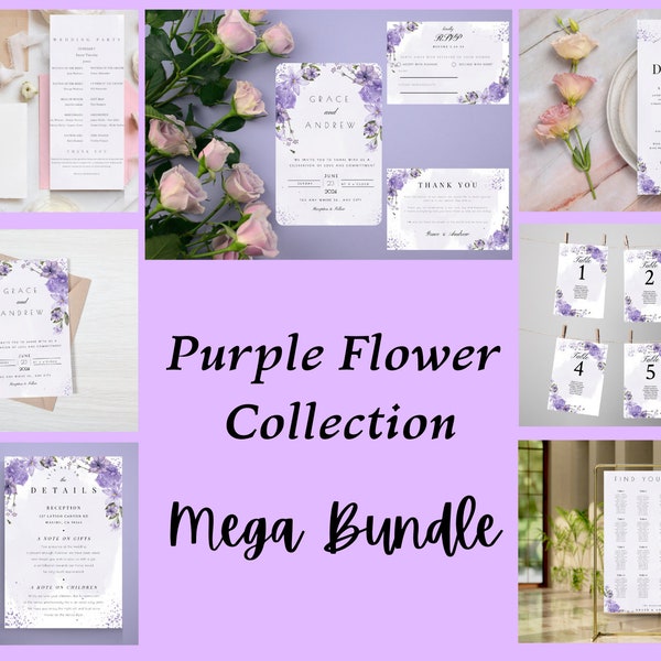 MEGA BUNDLE Purple Flower Collection, Wedding Invitation, ceremony, Menu, Tables, Tableau, Easy to customize with Templett