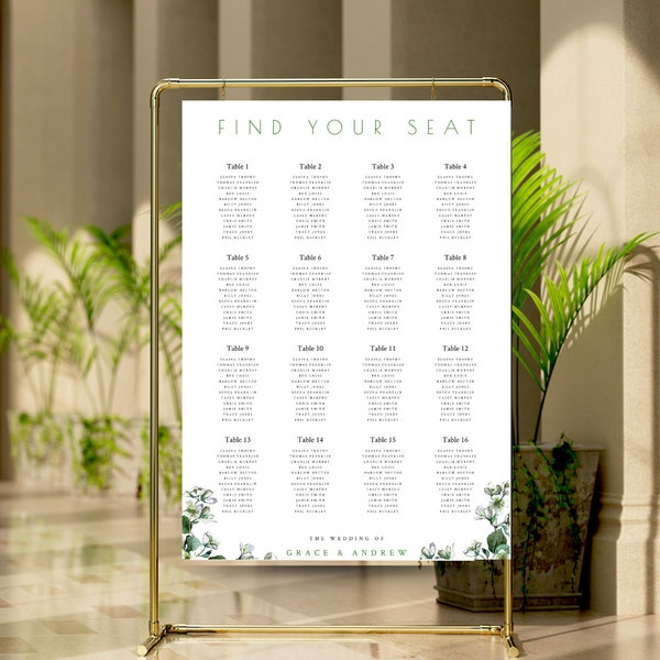 Tableau de Mariage Template, Find your seat Template, Aesthetic, Easy to customize with Templett || GREEN AND GOLDEN