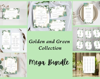 MEGA BUNDLE Grün und Golden, Hochzeitseinladung, Zeremonie, Menü, Tische, Tableau, Einfach Anzupassen mit Templett,