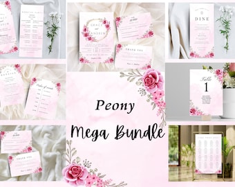 MEGA BUNDLE pivoine, faire-part de mariage, cérémonie, menu, tables, tableau, facile à personnaliser avec Templett