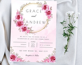 Pink Wedding Invitation Template, Invitation for Wedding, Aesthetic peony, Easy to customize with Templett || PEONY