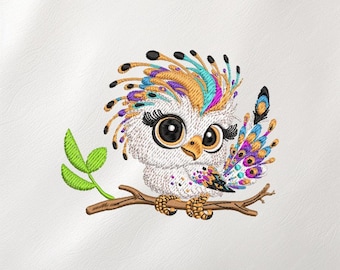 Colorful Owl Embroidery Design, Cute Whimsical Bird On Branch, Vibrant Feather Art, Machine Stitch Pattern File