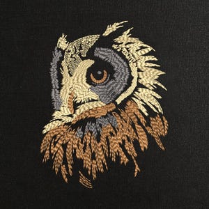 Könnte beinhalten: Gestickter Eulen-Kopf auf schwarzem Hintergrund. Die detaillierte Stickerei verwendet Braun-, Beige- und Grautöne, mit einem markanten Auge und strukturierten Federn. Das Design ist zentriert und zeigt das Profil der Eule.