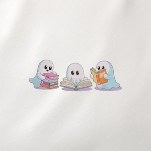 May include: An embroidered design of three cartoon ghosts. One ghost holds a stack of books, another reads an open book, and the third reads a book. The ghosts are light blue with black eyes, and the books are various colours.