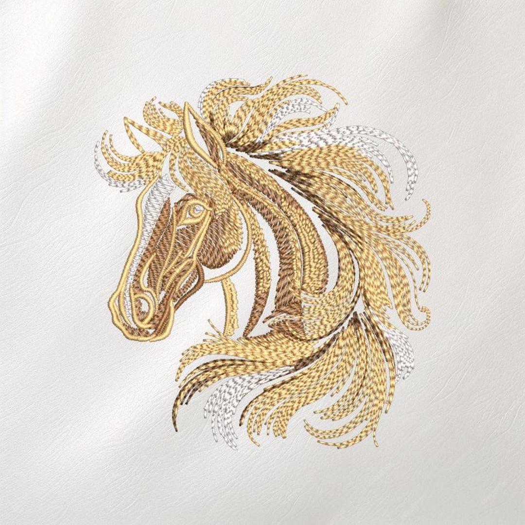 Horse Head Embroidery Design, Elegant Gold Mane Stitch Art, Western ...