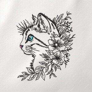 Floral Cat Embroidery Design, Elegant Line Art Feline Profile, Botanical Wreath Stitch, Modern Blackwork Animal