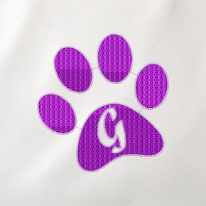 Letter G Paw Embroidery Design, Dog Paw Monogram Pattern, Purple Textured Stitch Art, Pet Lover Craft File