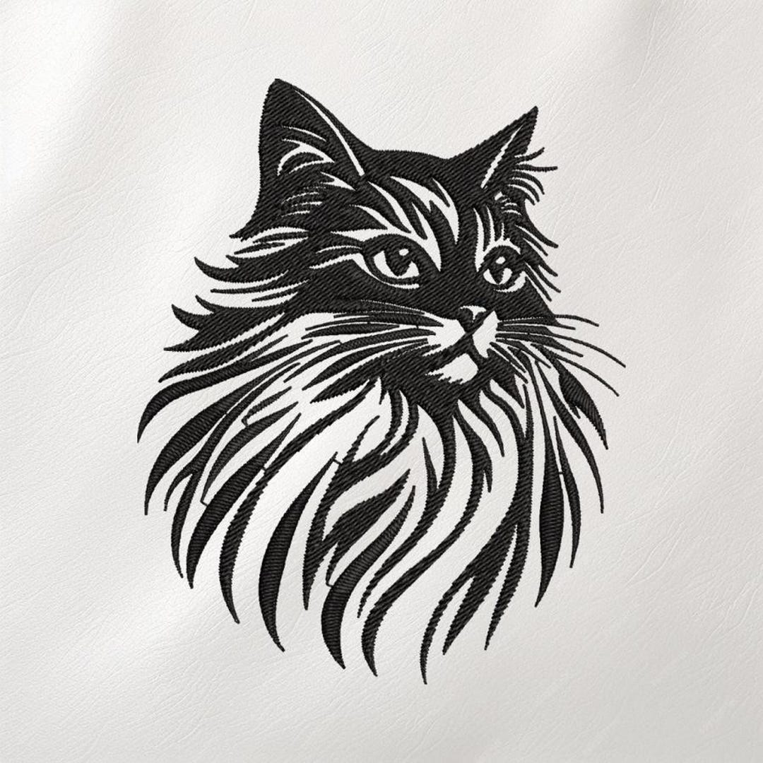 Long Haired Cat Embroidery Design, Realistic Feline Line Art Stitch ...