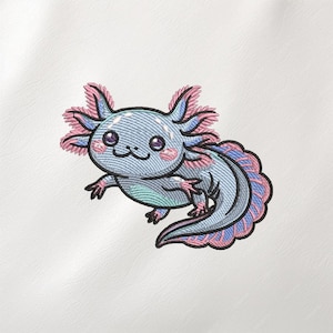 May include: Embroidered axolotl design in shades of blue, pink, and purple. The cartoon-style axolotl has a smiling face, pink gills, and a patterned tail. The design is on a white background.