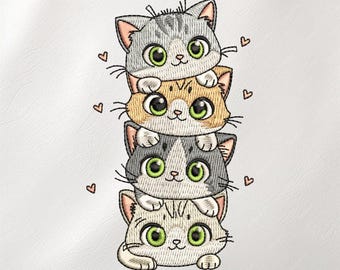 Stacked Cute Cats Embroidery Design, Kawaii Animal Stitch Art, Nursery Decor Pattern, Machine Embroidery File