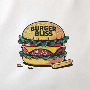 May include: A colorful illustration of a burger with the text "BURGER BLISS" on the top bun. The burger features a beef patty, cheese, tomato, and lettuce. A single french fry and a few sesame seeds are also visible.