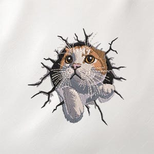 Kat breekt door muurborduurwerkontwerp, realistische 3D-steek kattenkunst, grappig huisdierillusiepatroon, jas hoodiepatch