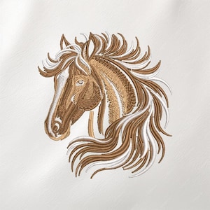 May include: An embroidered horse head design. The horse is depicted in profile, with a flowing mane and detailed features. The color palette includes shades of brown, white, and tan, creating a realistic and artistic representation. The design is set against a white background.