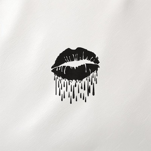 May include: A black and white graphic of a pair of lips with a dripping effect. The lips are in a kiss shape, with the dripping effect extending downward. The image is set against a white background.