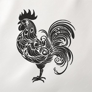 May include: Black embroidered rooster design. The rooster is depicted in a detailed, stylized manner with intricate patterns. The image is set against a white background, highlighting the dark, bold design of the rooster.
