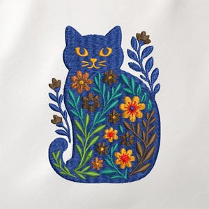 Blue Floral Cat Embroidery Design, Folk Art Kitty With Wildflowers, Machine Stitch Pattern For Jackets Bags Hoops