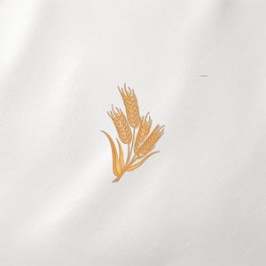 Puede incluir: Un fondo blanco con una ilustración detallada de espigas de trigo en tonos amarillos y naranjas. La ilustración del trigo está centrada y presenta varias espigas y hojas de trigo, creando un diseño natural y orgánico.