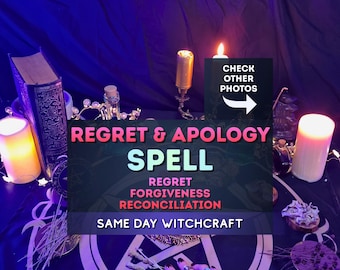 May include: A dark altar cloth with a white pentagram design features several lit pillar candles, an old book, and dried herbs. Text overlays read: REGRET & APOLOGY SPELL, REGRET FORGIVENESS RECONCILIATION, SAME DAY WITCHCRAFT, and CHECK OTHER PHOTOS.