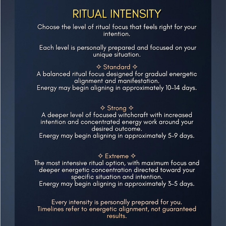 May include: A dark blue informational graphic titled RITUAL INTENSITY with gold text. It outlines three service levels: Standard, Strong, and Extreme, detailing energetic alignment timelines of 10-14 days, 5-9 days, and 3-5 days respectively.