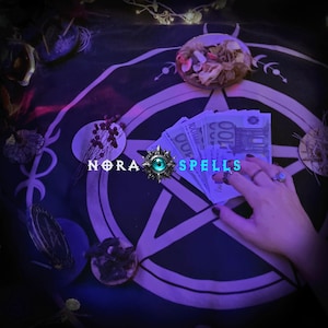 May include: A mystical scene featuring a dark cloth with a pentagram design, dried flowers, and a stack of Euro banknotes. The text "NORA SPELLS" is displayed with a stylized eye symbol. A hand with rings is holding the money.