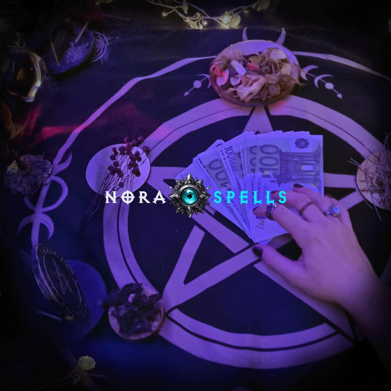May include: A mystical scene featuring a dark cloth with a pentagram design, dried flowers, and a stack of Euro banknotes. The text "NORA SPELLS" is displayed with a stylized eye symbol. A hand with rings is holding the money.
