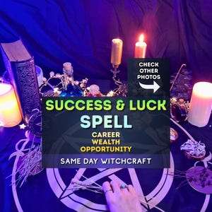May include: A dark ritual setup featuring a black cloth with a white pentagram, candles, glass bottles, and an old book. Text reads: CHECK OTHER PHOTOS, SUCCESS & LUCK SPELL, CAREER WEALTH OPPORTUNITY, SAME DAY WITCHCRAFT. A hand with a ring is visible.