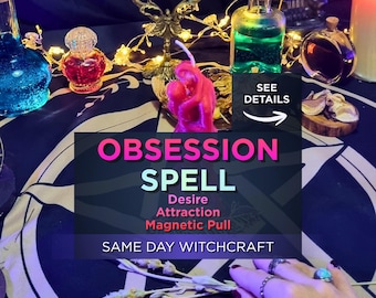 May include: A pink candle shaped like two figures embracing, surrounded by glass bottles containing blue, red, and green liquids, a gold candelabra, and dried herbs on a black cloth with a white pentagram design and text reading OBSESSION SPELL.