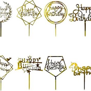Conjunto de 8 Toppers de Bolo Dourados "Feliz Aniversário" | Toppers de Acrílico para Cupcakes, Decorações de Bolo de Aniversário para Crianças e Adultos, Topper de Bolo com Caligrafia Moderna
