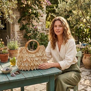 Peut inclure: Un sac à main beige tressé présentant une texture en forme de feuilles superposées et une anse ronde en bambou. Le sac est fabriqué à partir de fibres naturelles et affiche un extérieur structuré et décoratif avec des feuilles superposées.