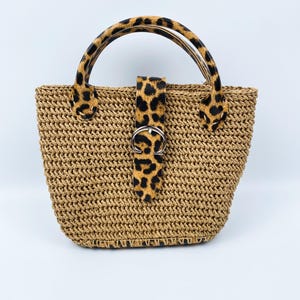 Handmade Woven Straw Tote Bag: Leopard Leather Handles, Summer Beach Bag