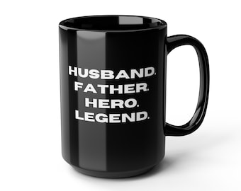 Taza negra con leyenda de marido, padre y héroe, 15 oz