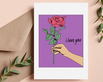 Rose Minimalist I Love You Card | Valentine's Anniversary Greeting Card | A6 Card