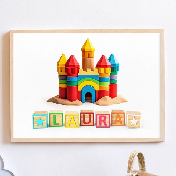 Personalised Sandcastle & Wooden Toy Blocks Print, Custom Childrens Name, Cute Nursery Art, Traditional Toys, Seaside Theme, Unisex Art Gift