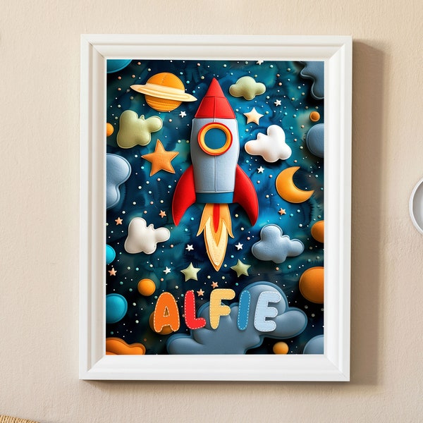 Childs Space Rocket Personalised Print Art Kids Decor Space Theme Decor Stars and Planets Cute Design Solar System Bedroom Boys Artwork UFO