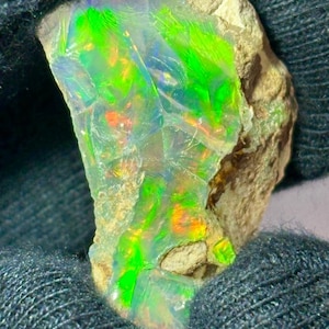 Peut inclure: Une opale vibrante avec un extérieur brut et naturel. L'opale présente un jeu de couleurs, avec des éclats de vert, d'orange et de bleu. La pierre est tenue sur un fond de tissu bleu foncé, soulignant ses qualités iridescentes.