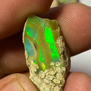 May include: A raw, unpolished opal gemstone featuring a translucent, golden-yellow base with vibrant, iridescent flashes of neon green and blue light. The lower portion of the stone retains a rough, textured, beige-colored mineral matrix.